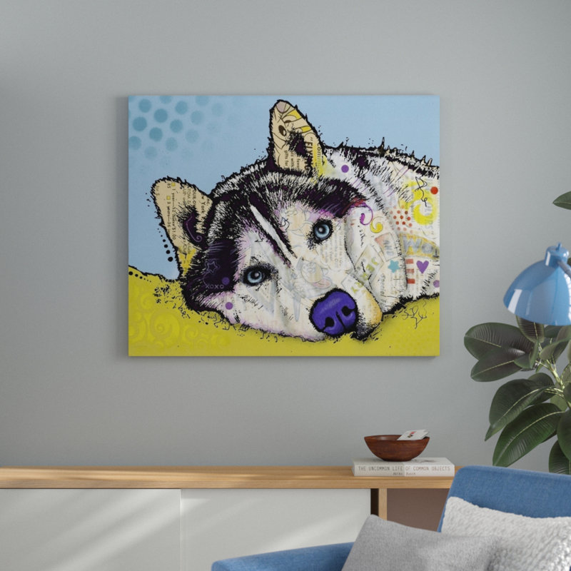 " Siberian Husky " by Dean Russo, 27" H x 32" W x 1" D, White Framed