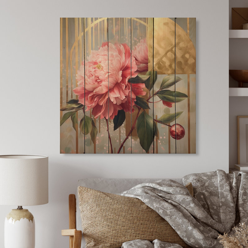 Perfection de la pivoine rose et jaune sur bois, H 35 po x l 35 po x P 0,78 po