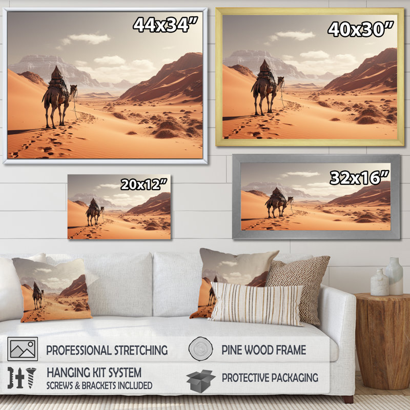 Camel Desert Wanderer III, reproduction d'art sur toile, H 12 po x l 20 po x P 1 po, Cadre flottant noir