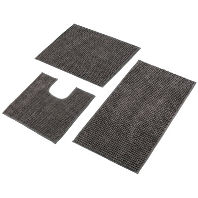 Tapis de bain 3 pièces en chenille ultra douce gris foncé, tapis de bain à poils courts, tapis de porte absorbant et antidérapant, tapis de sol durable et facile à nettoyer