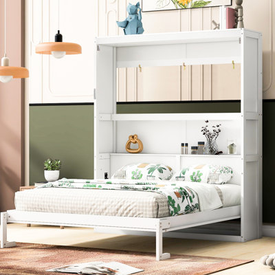 Grand lit mural blanc - Pliable dans une armoire, dort confortablement dans un petit appartement avec des tablettes pour économiser de l'espace