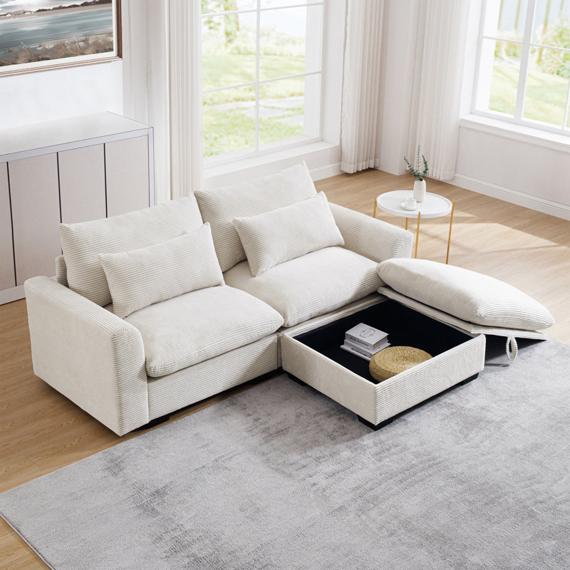Karaka Corduroy L-Shaped Sectional, White Corduroy