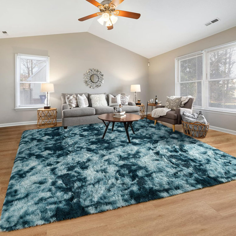 Tapis à poil long Antonije Tie Dye, Rectangle 2 pi 11 po x 5 pi 1 po, Bleu paon