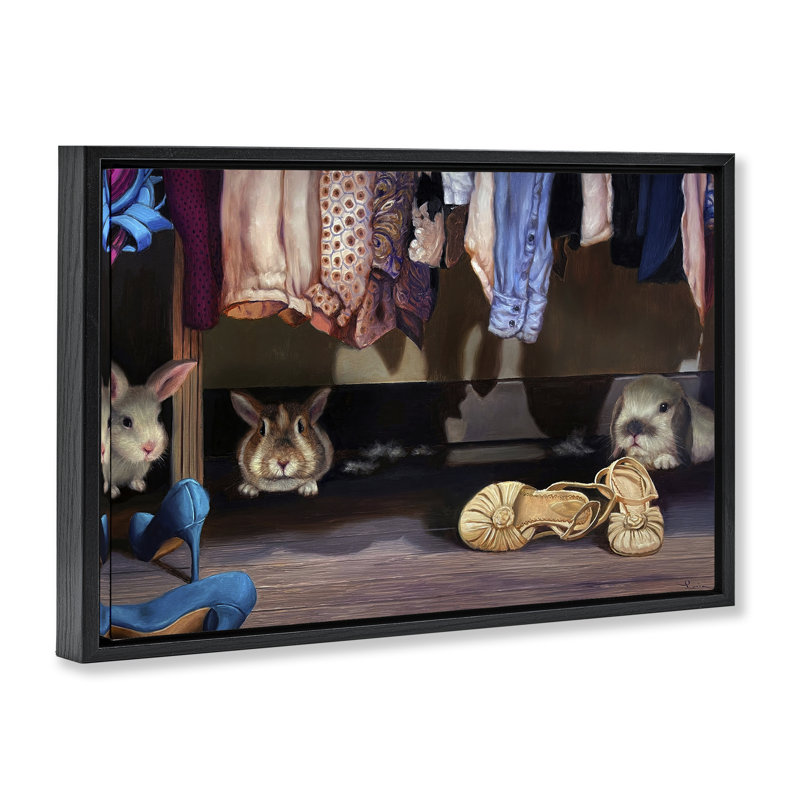Bunnies Under Closet View, conception par Lucia Heffernan, Cadre flottant noir de jais, H 17 po x l 25 po