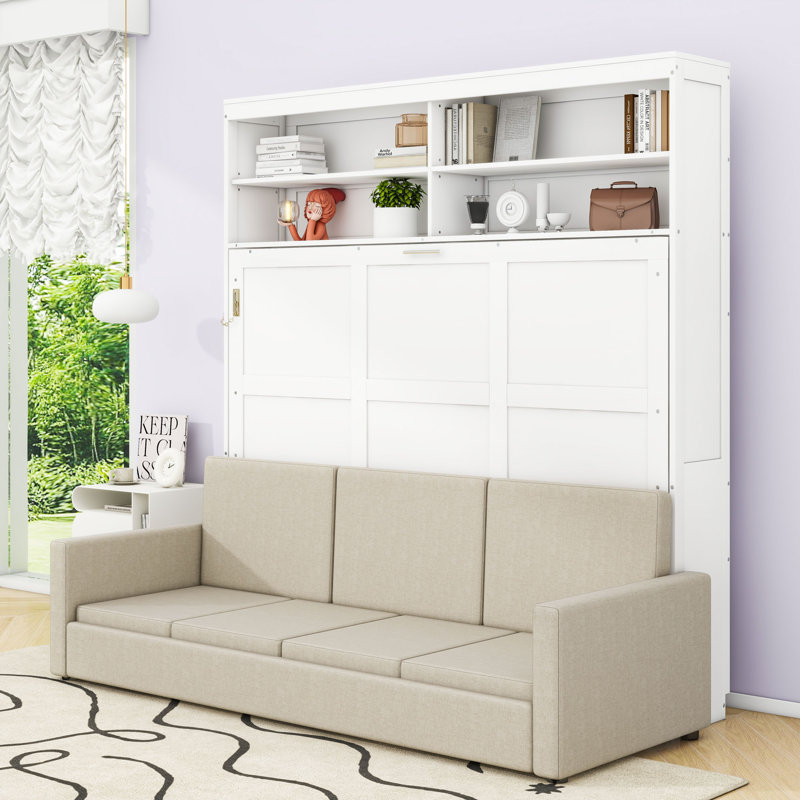 Queen Wood Murphy Bed with Sofa and Shelves, White