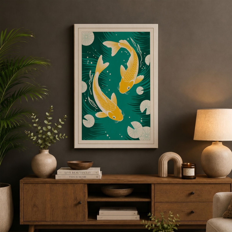Golden Koi in Circle Japandi - Wrapped Canvas, 36x24 - 91.4 x 61.0 cm, Sage Border
