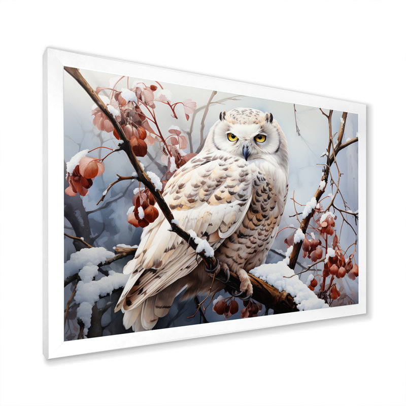 «Snowy Owl Winter III - Winter Landscape», reproduction sur toile encadrée, H 34 po x l 44 po x P 1,5 po, Cadre simple blanc