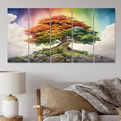 Mythical Majestic Tree With Rainbow I - Landscape Trees Canvas Wall Art - 5 Equal Panels