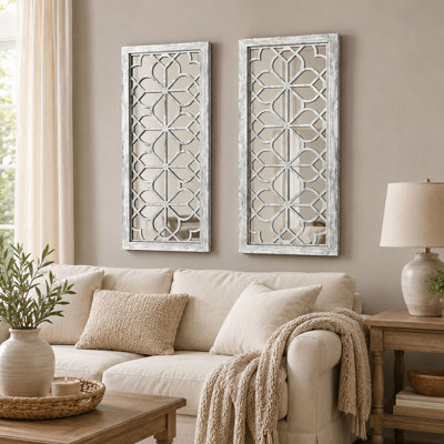 Ensemble de 2 miroirs muraux gris sculptés floraux 13 po x 30 po