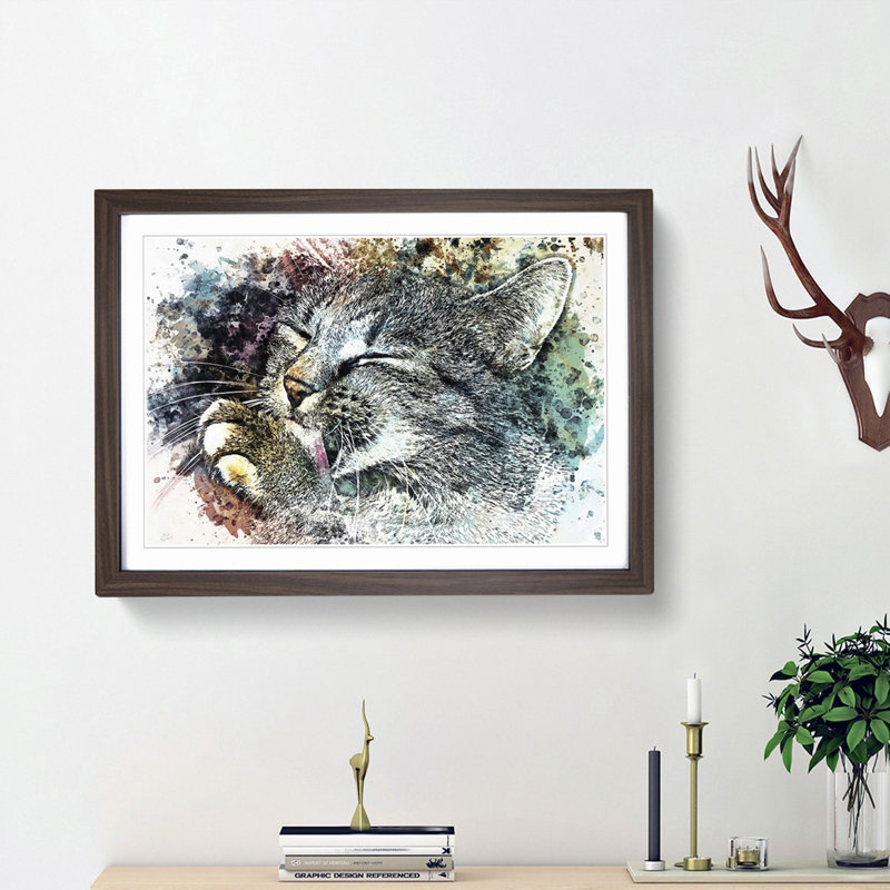 Cat Licking its Paw in Abstract - Picture Frame Graphic Art Print, 27cm H x 36cm W x 2cm D, Walnut Framed