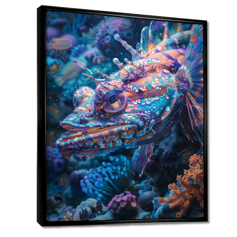 Blue Glowing Abyss Sea Creatures - Sea Creatures Wall Decor, Black Floater Framed, 32" H x 16" W
