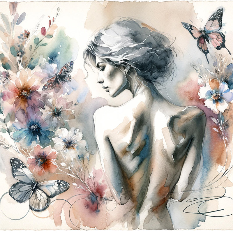 Femme éthérée et papillon - reproduction sur toile tendue, H 12 po x l 12 po x P 1 po