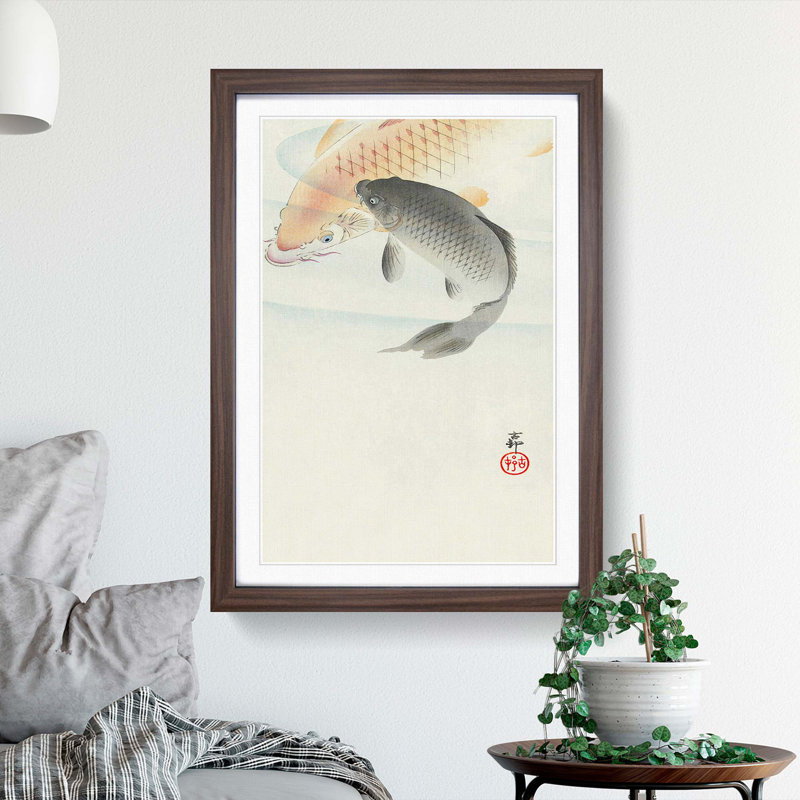 Two Carp Fish by Ohara Koson - Framed Print, 36cm H x 27cm W x 2cm D, Walnut Framed