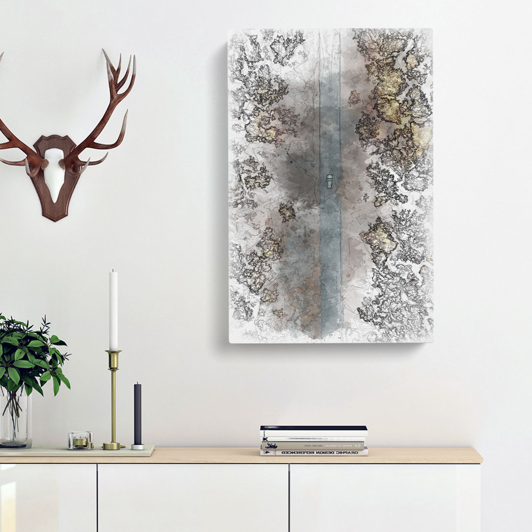 Driving Through a Forest in Hungary - Wrapped Canvas Drawing - Wrapped Canvas