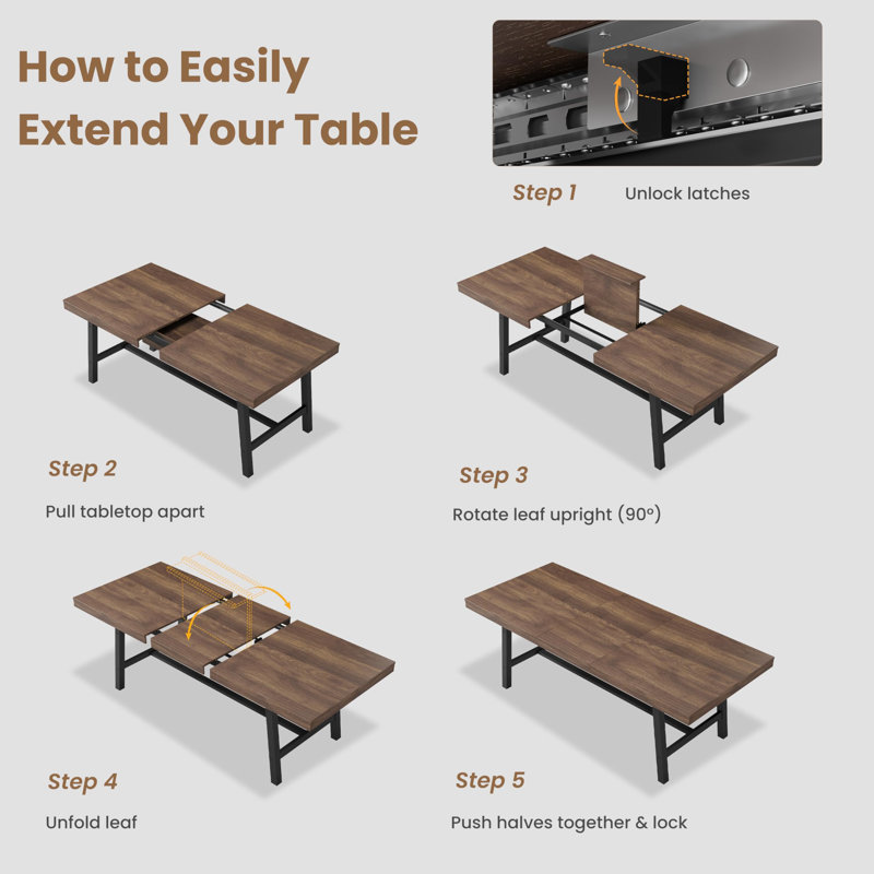 Table de salle à manger extensible 63-83 "pour 6 à 8 personnes, Brun
