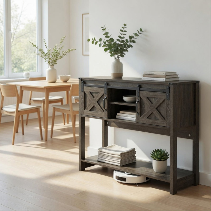 Table d'entrée de ferme moderne 46 "avec rangement et porte de grange coulissante, gris foncé