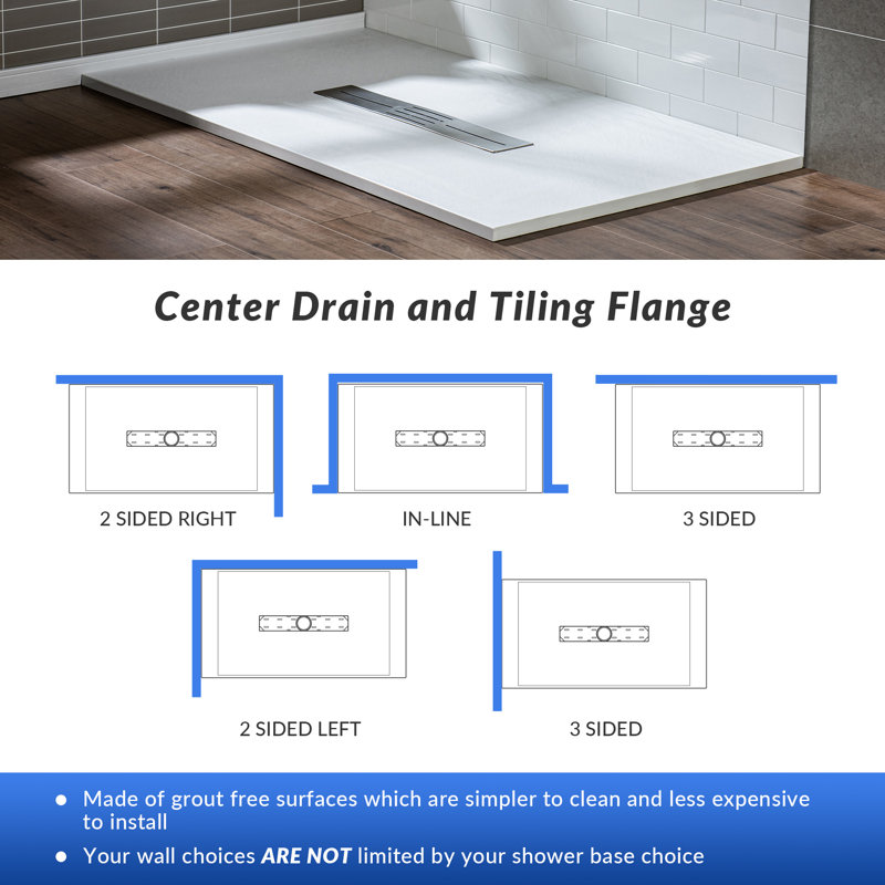 47.25" W X 31.5" D Solid Surface Shower Base, Non-Slip, Low-Profile, Curbless, Wheelchair Accessible, Center, White