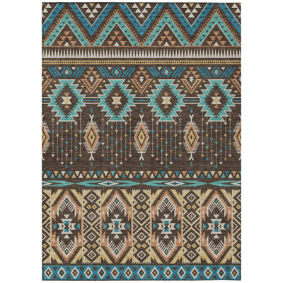 5' X 8' Brown Teal Blue And Coral Aztec Washable Indoor Outdoor Area Rug