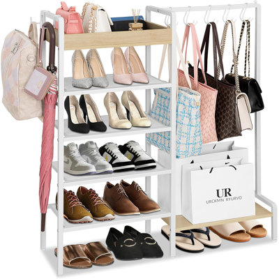 Range-chaussures 2 en 1 pour garde-robe avec organisateur de sac à main, étagère à chaussures à 5 niveaux avec plateau en bois et tablettes amovibles, blanc
