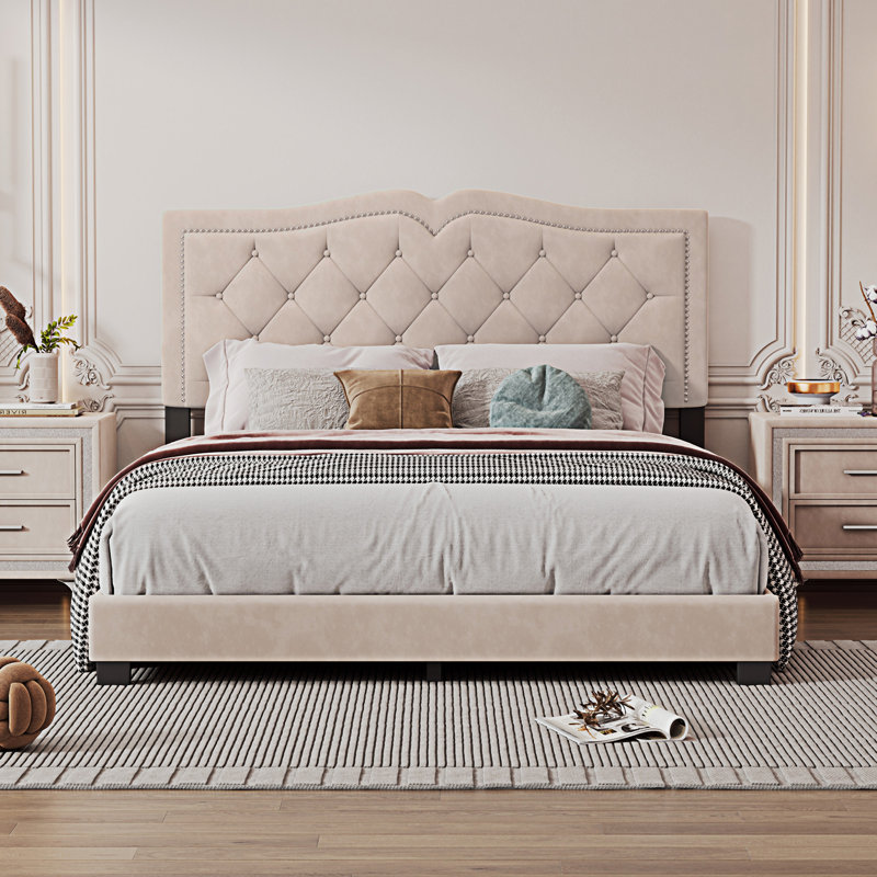 Upholstered Bed Frame With Rivet Design, Beige, Queen