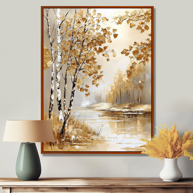 Bouleaux d'automne au bord de la rivière I - arbre, art mural, H 44 po x l 34 po, Brun