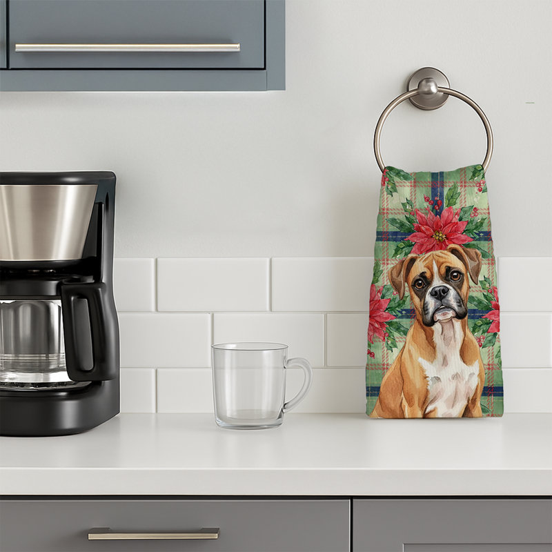 Boxer Christmas PoinsettIas Kitchen Towel, Brown/White Boxer