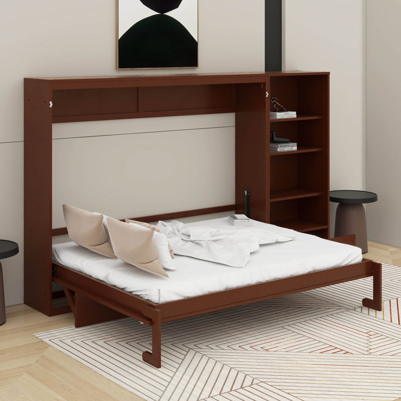 Grand lit escamotable avec compartiments de rangement à hauteur réglable et tablette, Noyer