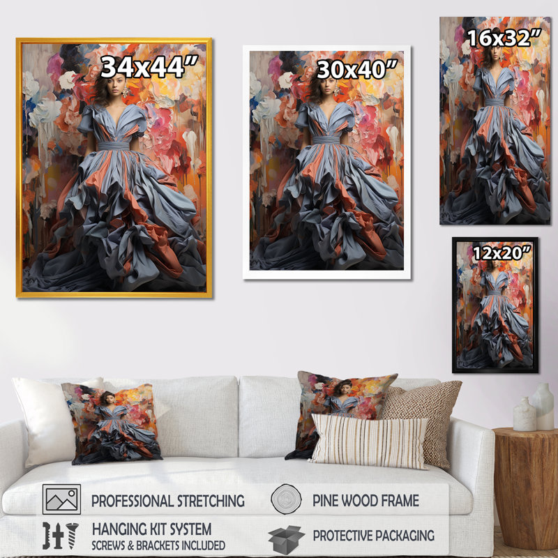 «Fashion Ethereal Elegance Runway Woman» - mode, art mural, H 44 po x l 34 po x P 1,5 po, Cadre simple noir
