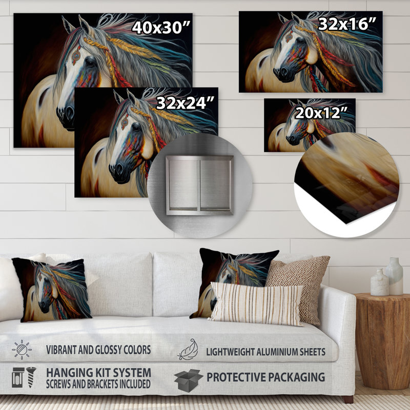 Décoration murale moderne colorée en métal «Native American Horse IV», H 12 po x l 20 po x P 1 po