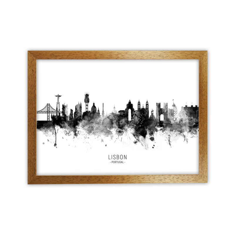 Lisbon Portugal Skyline Black White City Name by Michael Tompsett - Print, Brown Framed, 46cm H x 63cm W x 3cm D
