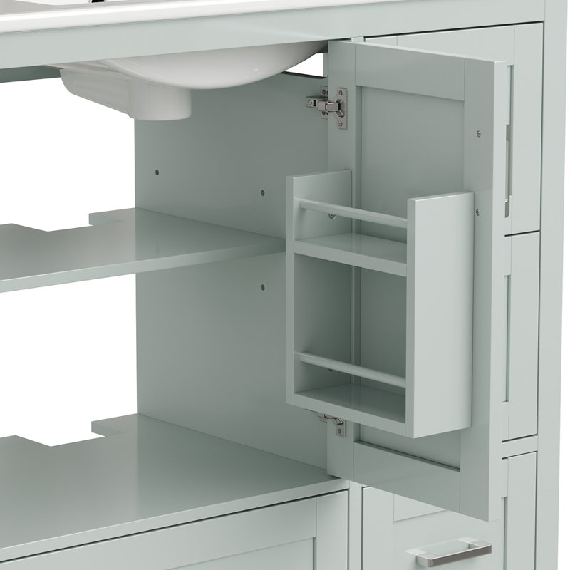 Meuble-lavabo 42 po vert menthe avec lavabo en céramique - Armoire autoportante à 4 tiroirs (top 2 avec séparateurs), portes à fermeture en douceur avec tablettes intérieures, porte-serviettes latéral réversible, poignées argentées, panneau de fibres à densité moyenne