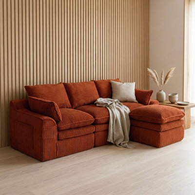 Modern 3-Seater Corduroy L-Shaped Modular Sectional Sofa with Movable Ottoman for Living Room, Apartment, Media Room