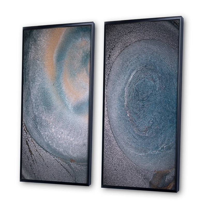 «Luxury Grey and Blue Fluid Art II», ensemble de 2 photographies sur toile, H 40 po x l 40 po x P 1 po, Cadre flottant noir