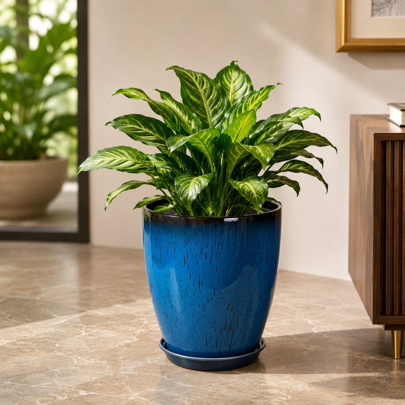 Pot à fleurs rond moderne en résine tacheté avec soucoupe et écran de drainage, H 11,02 po x l 9,84 po x P 9,84 po, Bleu, 1