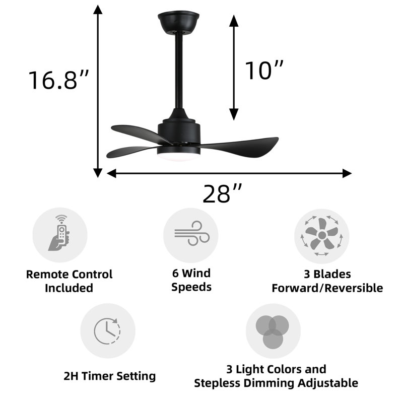 Ventilateur de plafond moderne 28 po avec lumière DEL, 3 pales en ABS, moteur à courant continu, abat-jour en acrylique, télécommande pour chambre à coucher, bureau ou petit espace de vie