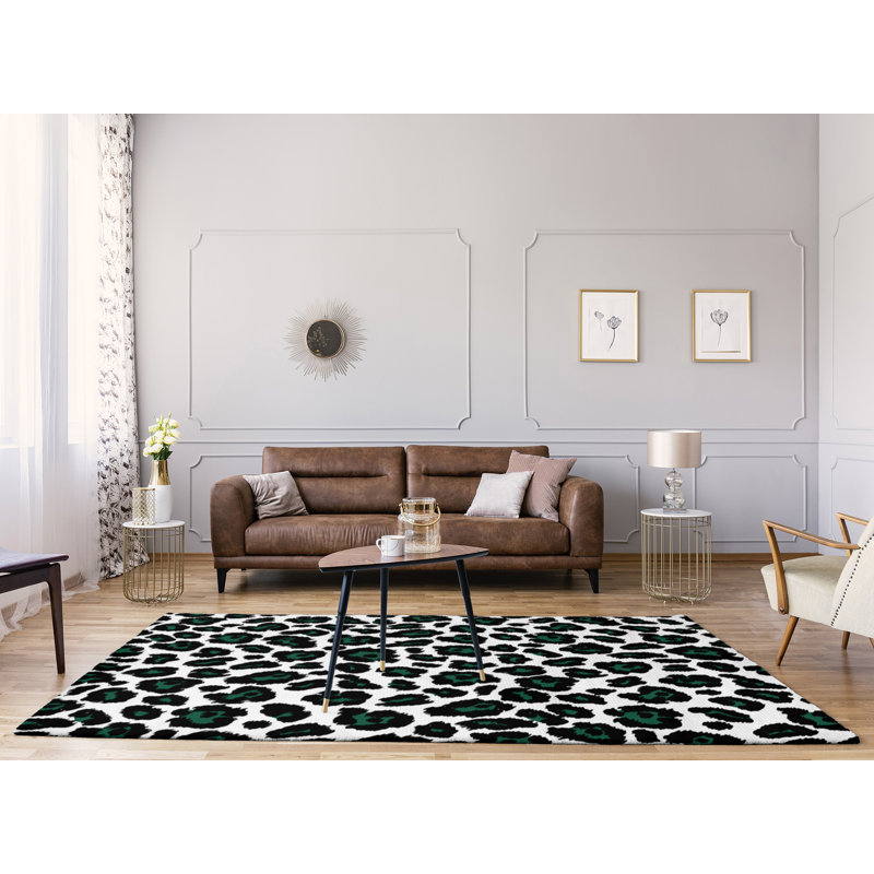 Blanc imprimé animal/noir/vert Tapis décoratif, Rectangle 4 pi x 6 pi