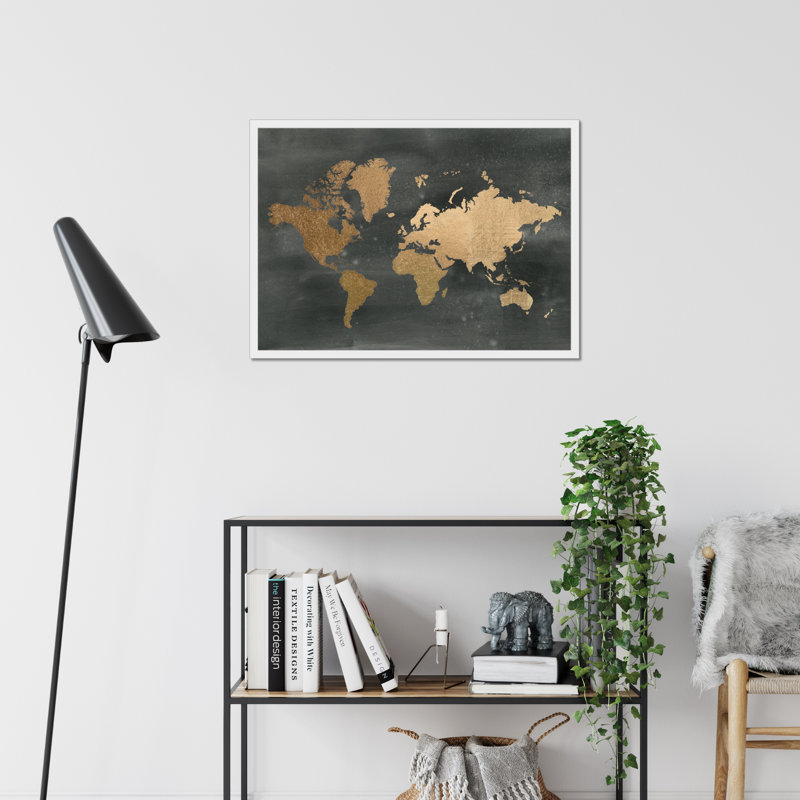 Gold World Map On Black Wash by Jennifer Goldberger - Print, 34cm H x 50cm W, White Framed Paper Print