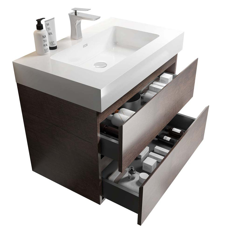 29.9'' Wall Mounted Single Bathroom Vanity with Sink, White/Walnut