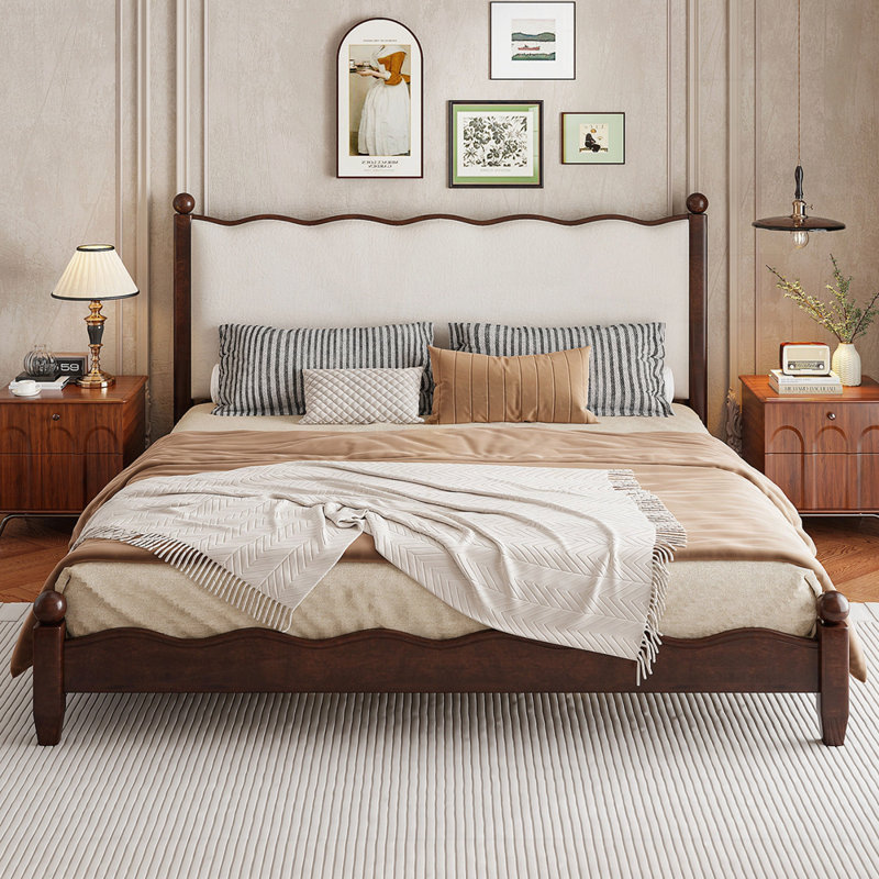 Lit plateforme en bois avec tête de lit tapissier, Grand lit, Espresso