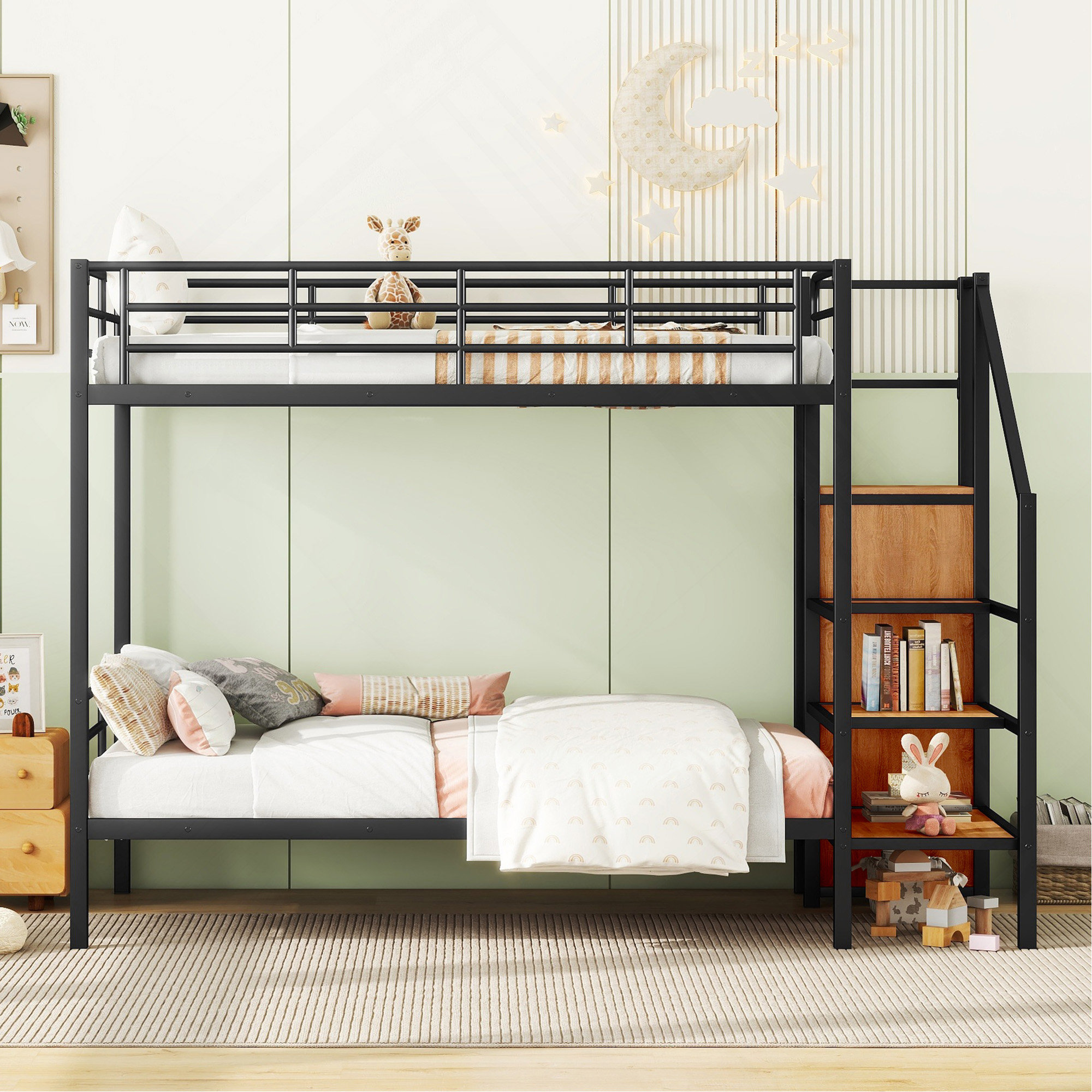 Latitude Run® Twin Over Twin Metal Bunk Bed With Lateral Storage Ladder ...