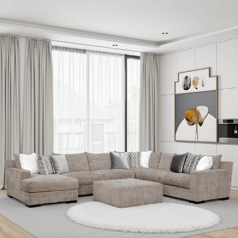 Canapé modulaire en U MOD # 505 avec 9 coussins décoratifs - Tissu argenté Verona, coussins en mélange de plumes, pieds décoratifs