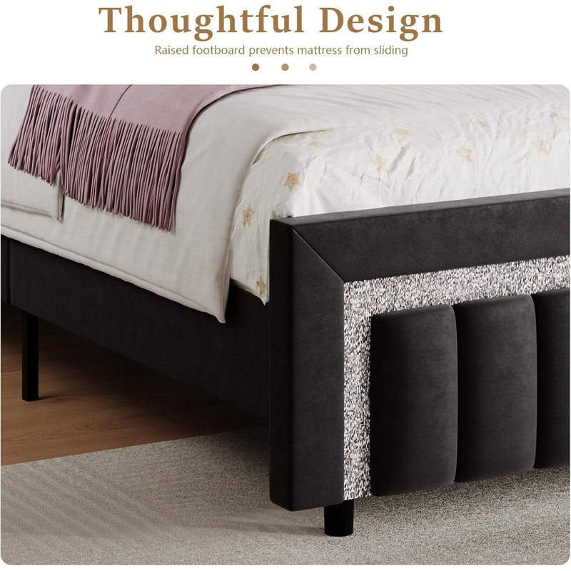 Full Black Velvet Upholstered Bed Frame with Diamond Tufted Headboard