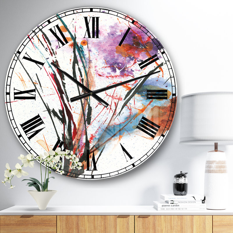 Abstrait peint à la main fleurs mauves et bleues - Horloge murale traditionnelle, Moyen