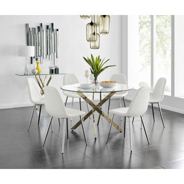 Furniture box novara black leg 120cm round glass dining table and 6 grey  milan black leg chairs £367.99