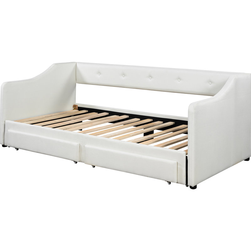 Beige, Twin Xl To King, Upholstered Daybed, Drawers, Buttoned Drawer And Back Surfaces, Comfortable Seating Storage Great Support, Wood Slats