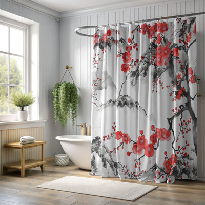 Red Floral Japanese Designs - 1 Piece Standard Shower Curtain