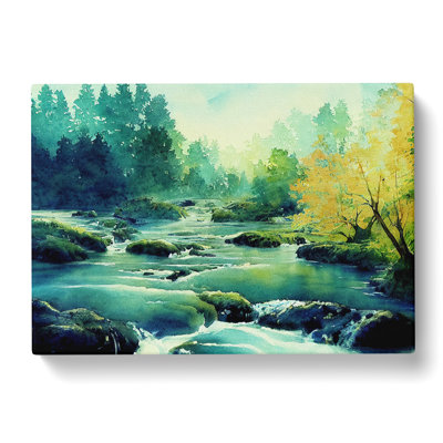 Forest Stream In Watercolour - Wrapped Canvas Print