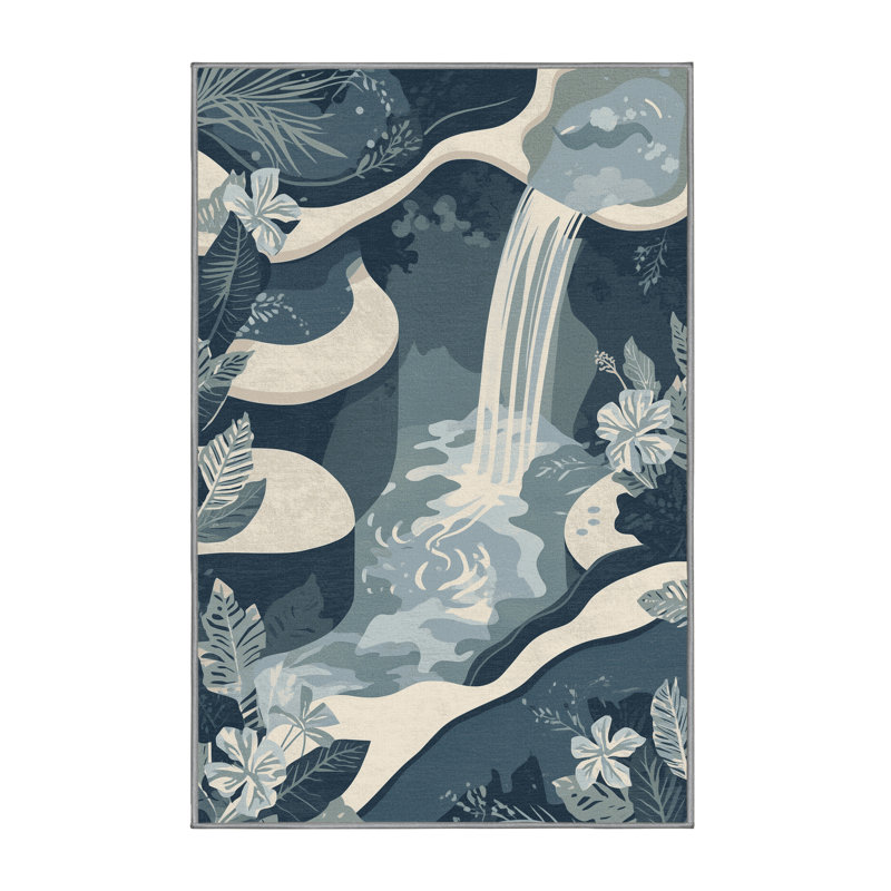 Machine Washable Scenic And Landscapes Tropical Floral Rug in Gray – Gray Binding, 3 x 5