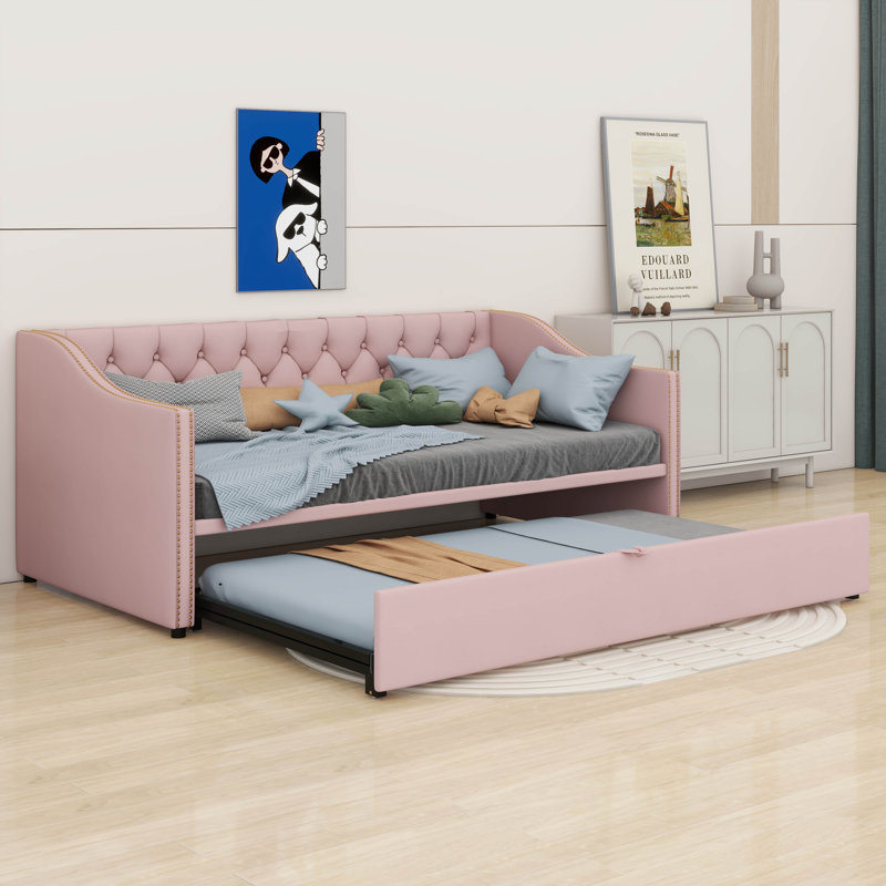 Twin Size Upholstered Daybed With Pop Up Trundle, Pink