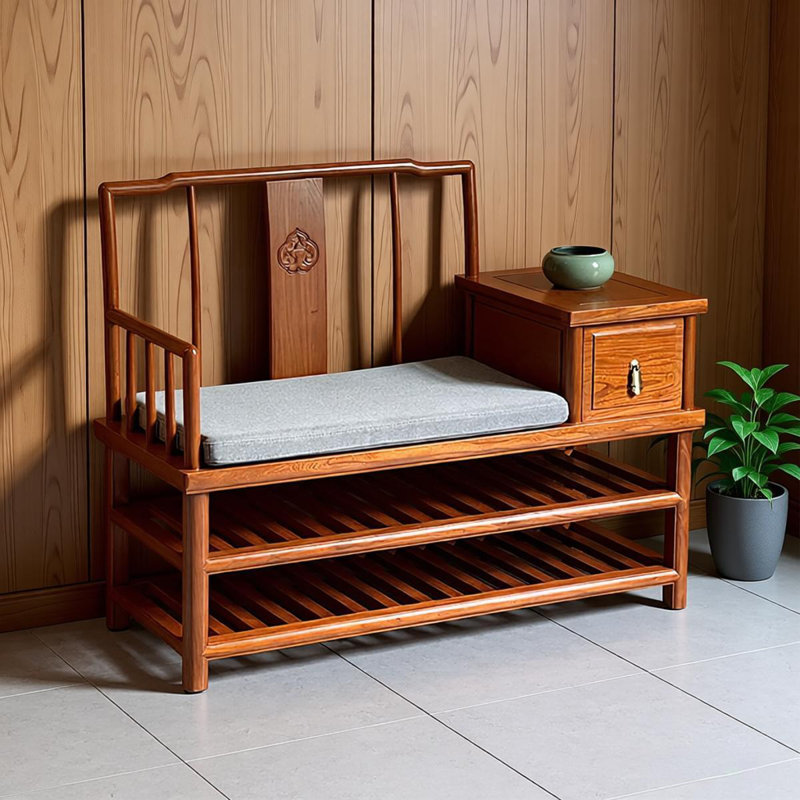 Banc d'entrée brun à double couche en bois massif